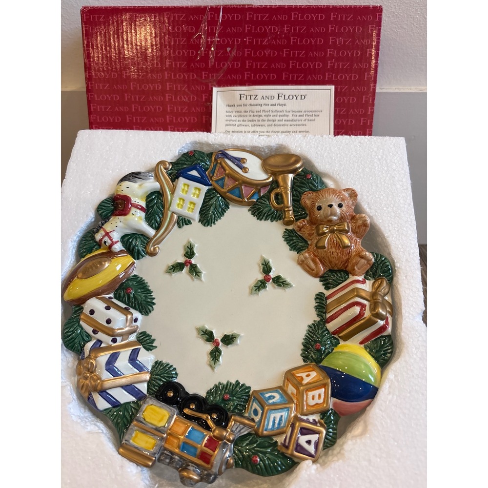 Vintage Fitz and Floyd Toyland Christmas Plate Hand Painted Ceramic Teddy Bear